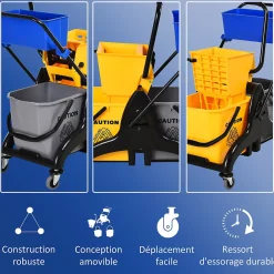 Homcom Chariot de lavage chariot de nettoyage professionnel presse à mâchoire 2 seaux + rangement jaune bleu* Seau, Bassine, Récipient De Ménage