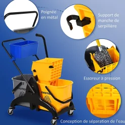 Homcom Chariot de lavage chariot de nettoyage professionnel presse à mâchoire 2 seaux + rangement jaune bleu* Seau, Bassine, Récipient De Ménage