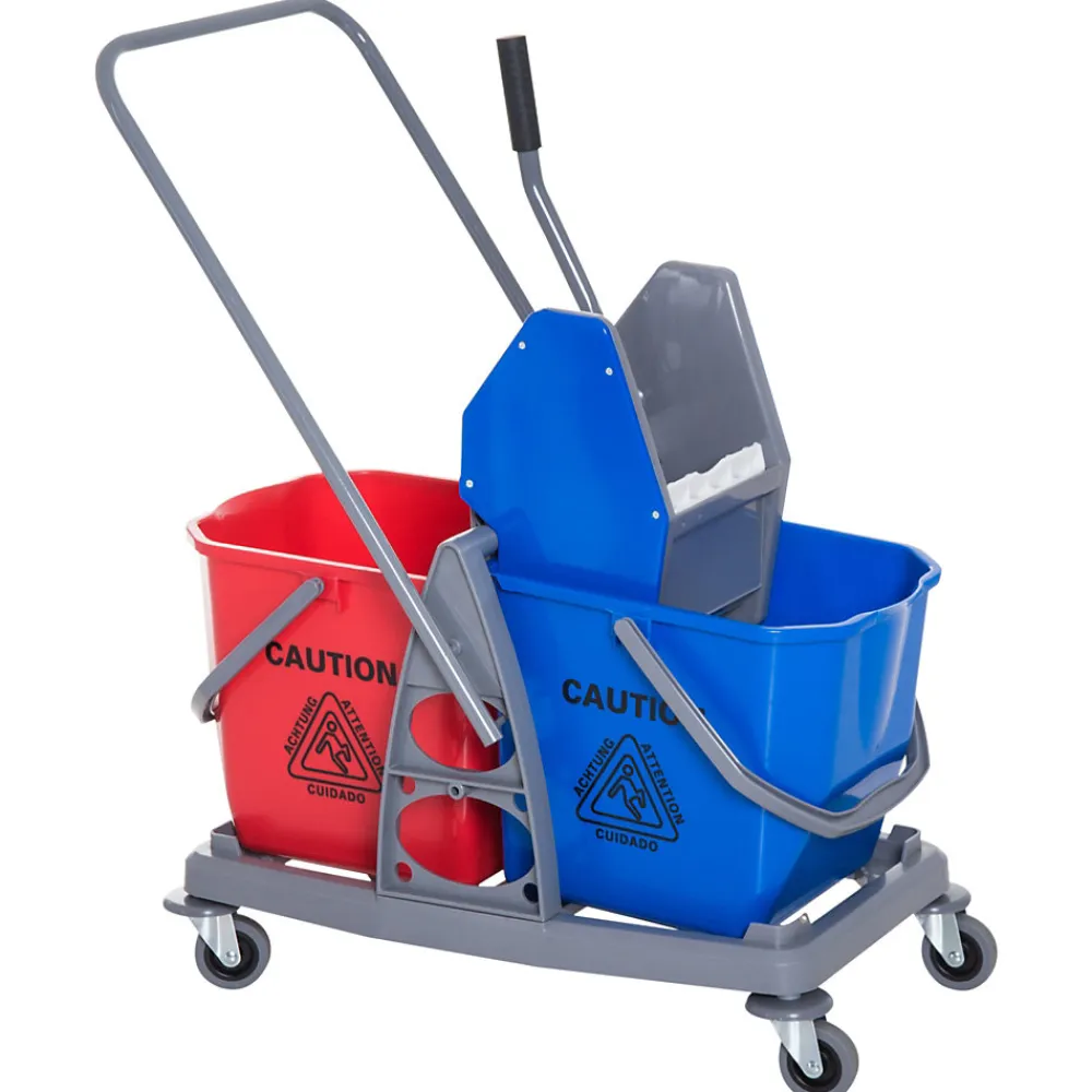 Chariot de lavage chariot de nettoyage professionnel presse à mâchoire 2 seaux 25 L 73L x 45l x 92H cm plastique gris bleu rouge>Homcom Clearance