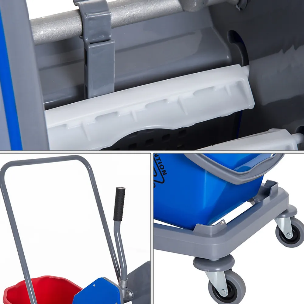 Chariot de lavage chariot de nettoyage professionnel presse à mâchoire 2 seaux 25 L 73L x 45l x 92H cm plastique gris bleu rouge>Homcom Clearance