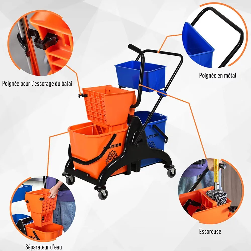Homcom Chariot de lavage chariot de nettoyage professionnel presse à mâchoire 2 seaux + rangement orange bleu* Seau, Bassine, Récipient De Ménage