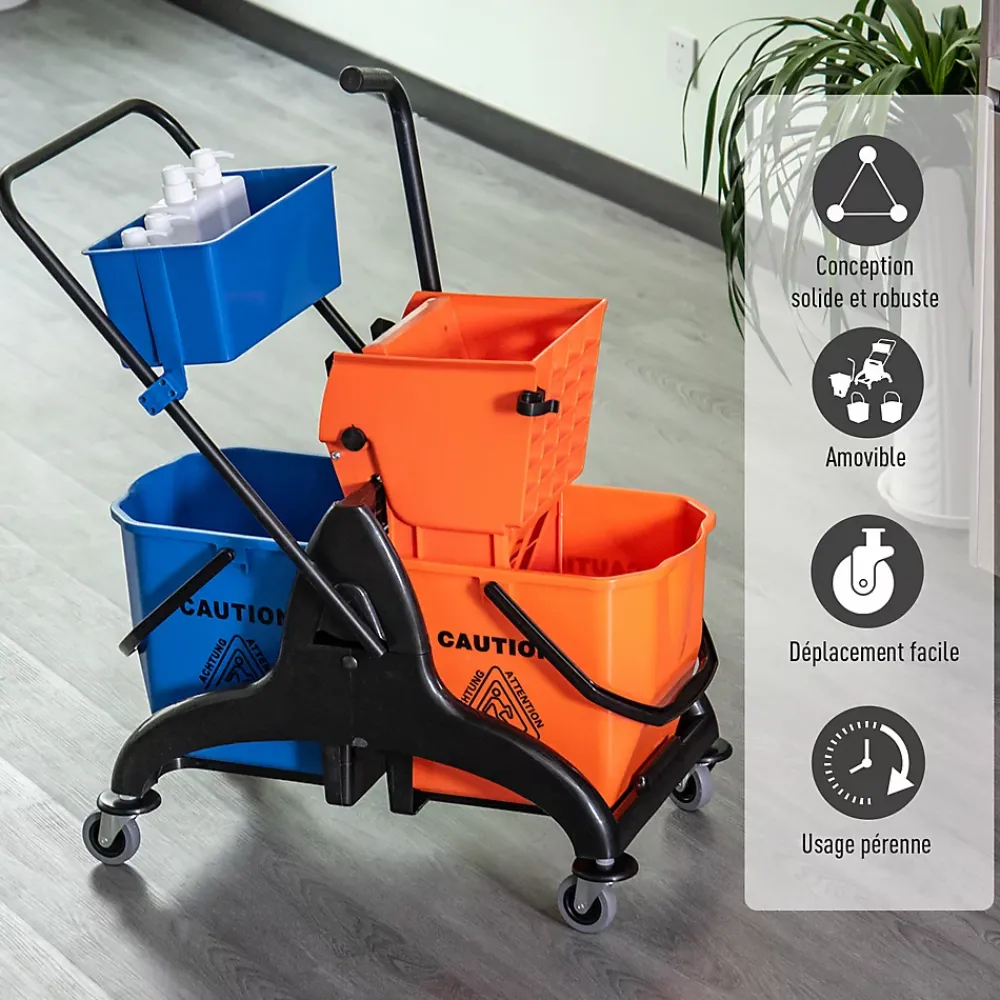 Homcom Chariot de lavage chariot de nettoyage professionnel presse à mâchoire 2 seaux + rangement orange bleu* Seau, Bassine, Récipient De Ménage