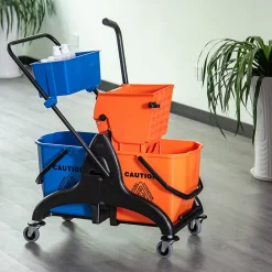 Homcom Chariot de lavage chariot de nettoyage professionnel presse à mâchoire 2 seaux + rangement orange bleu* Seau, Bassine, Récipient De Ménage