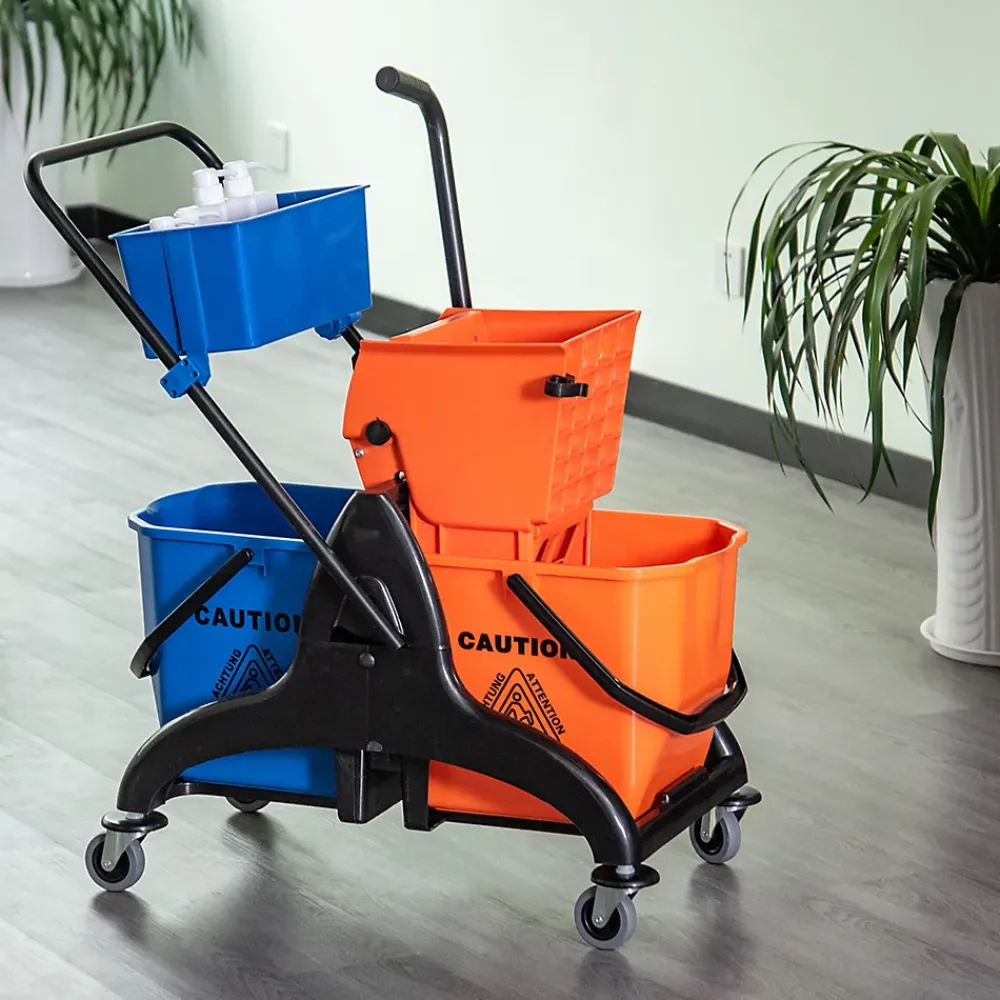 Homcom Chariot de lavage chariot de nettoyage professionnel presse à mâchoire 2 seaux + rangement orange bleu* Seau, Bassine, Récipient De Ménage