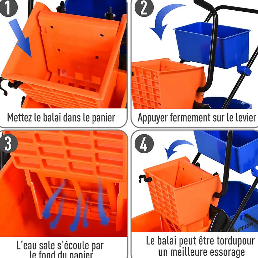 Homcom Chariot de lavage chariot de nettoyage professionnel presse à mâchoire 2 seaux + rangement orange bleu* Seau, Bassine, Récipient De Ménage