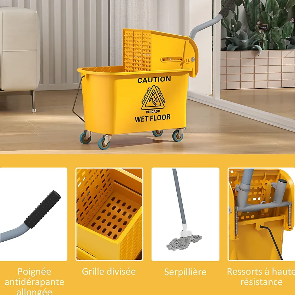 Homcom Chariot de ménage chariot de lavage nettoyage professionnel essoreuse latérale seau 20L poignée et serpillère jaune* Seau, Bassine, Récipient De Ménage