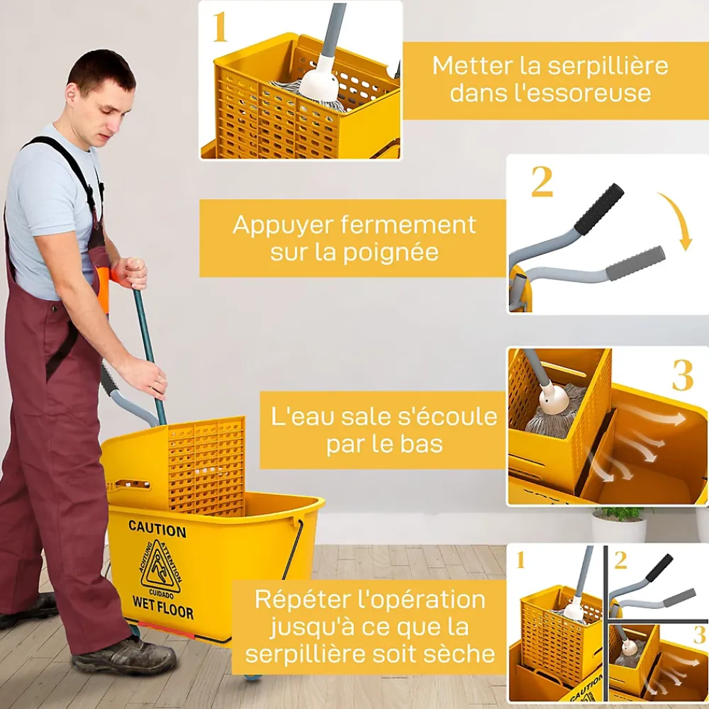Homcom Chariot de ménage chariot de lavage nettoyage professionnel essoreuse latérale seau 20L poignée et serpillère jaune* Seau, Bassine, Récipient De Ménage