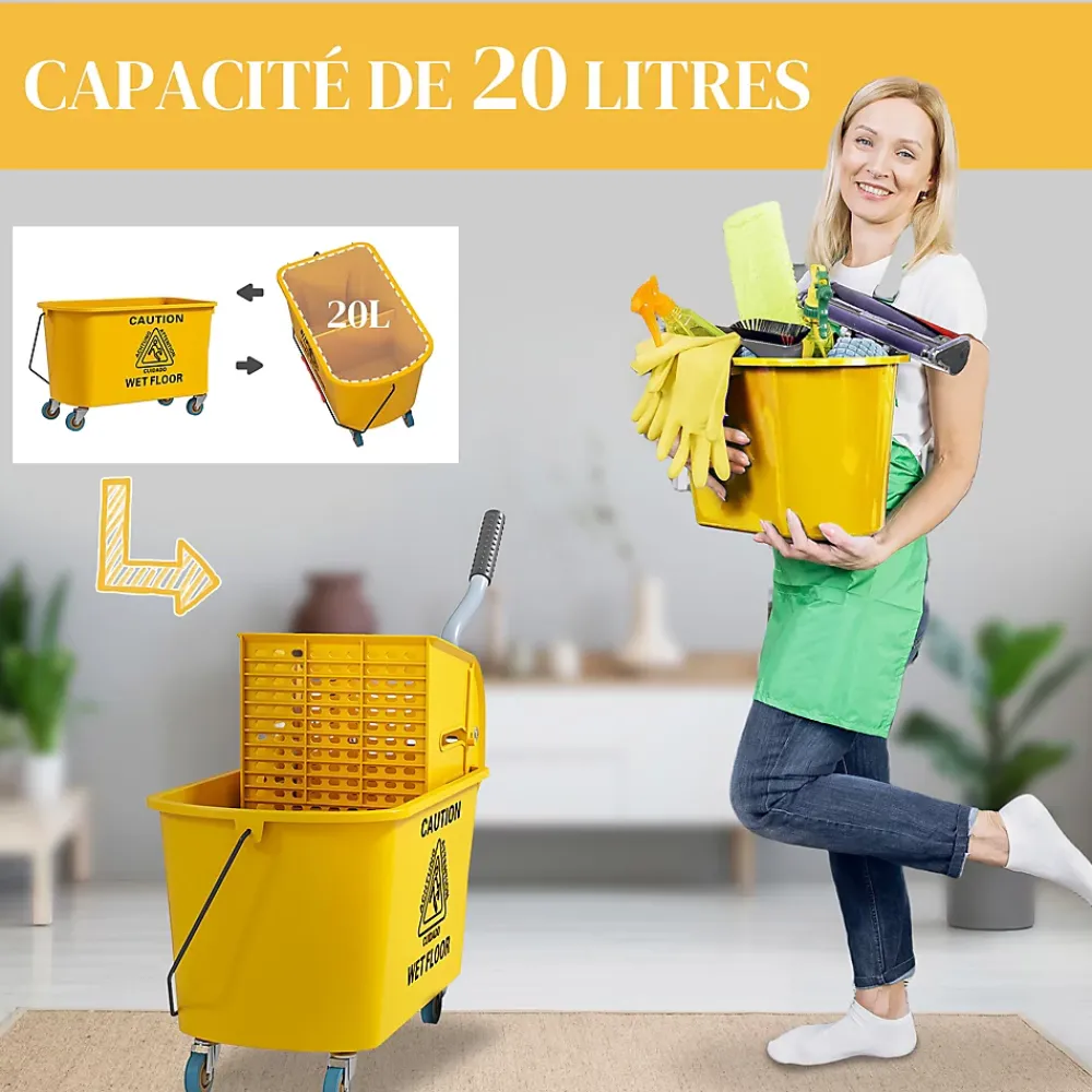 Homcom Chariot de ménage chariot de lavage nettoyage professionnel essoreuse latérale seau 20L poignée et serpillère jaune* Seau, Bassine, Récipient De Ménage