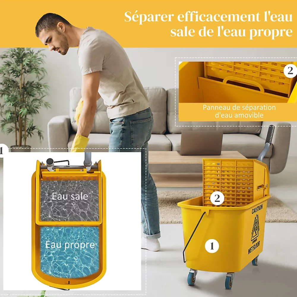 Homcom Chariot de ménage chariot de lavage nettoyage professionnel essoreuse latérale seau 20L poignée et serpillère jaune* Seau, Bassine, Récipient De Ménage