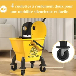 Homcom Chariot de ménage chariot de lavage chariot de nettoyage avec essoreuse à pression seau 26L et serpillère jaune* Seau, Bassine, Récipient De Ménage