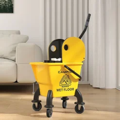 Homcom Chariot de ménage chariot de lavage chariot de nettoyage avec essoreuse à pression seau 26L et serpillère jaune* Seau, Bassine, Récipient De Ménage