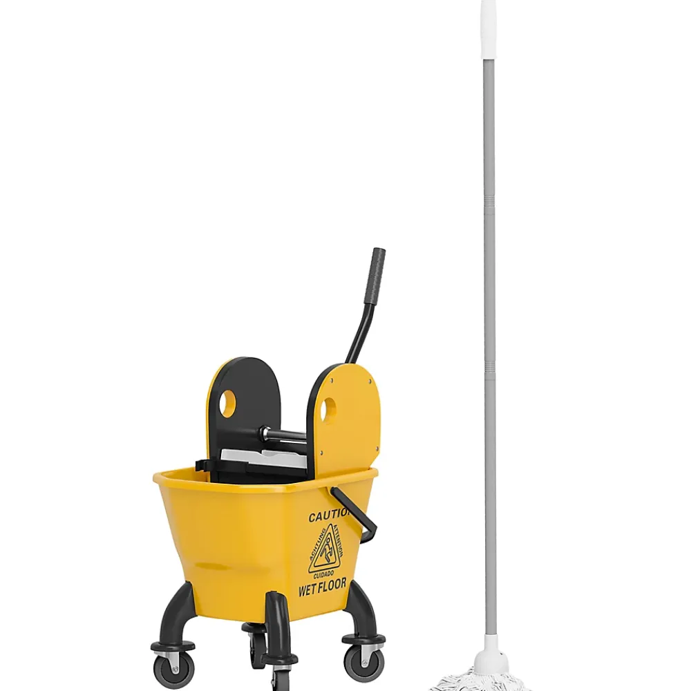 Homcom Chariot de ménage chariot de lavage chariot de nettoyage avec essoreuse à pression seau 26L et serpillère jaune* Seau, Bassine, Récipient De Ménage