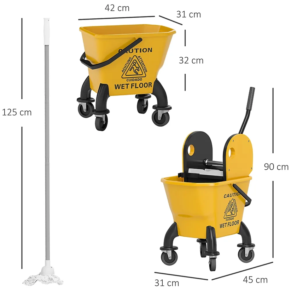 Homcom Chariot de ménage chariot de lavage chariot de nettoyage avec essoreuse à pression seau 26L et serpillère jaune* Seau, Bassine, Récipient De Ménage