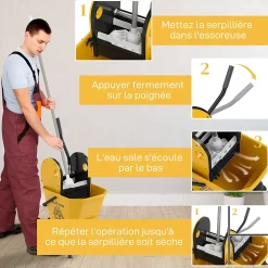 Homcom Chariot de ménage chariot de lavage chariot de nettoyage avec essoreuse à pression seau 26L et serpillère jaune* Seau, Bassine, Récipient De Ménage