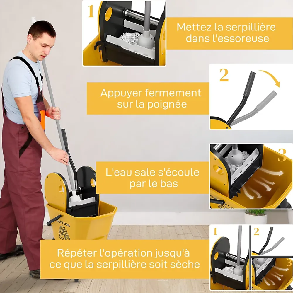 Homcom Chariot de ménage chariot de lavage chariot de nettoyage avec essoreuse à pression seau 26L et serpillère jaune* Seau, Bassine, Récipient De Ménage