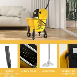 Homcom Chariot de ménage chariot de lavage chariot de nettoyage avec essoreuse à pression seau 26L et serpillère jaune* Seau, Bassine, Récipient De Ménage