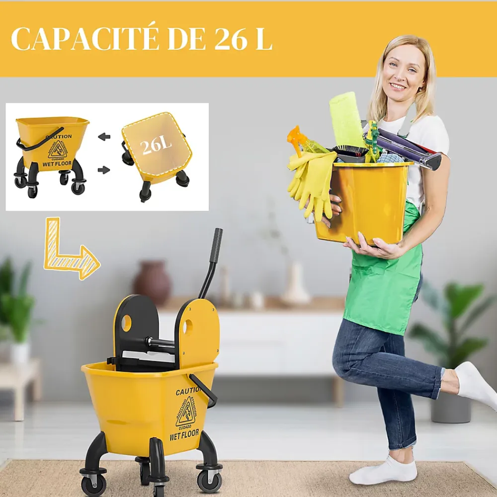 Homcom Chariot de ménage chariot de lavage chariot de nettoyage avec essoreuse à pression seau 26L et serpillère jaune* Seau, Bassine, Récipient De Ménage