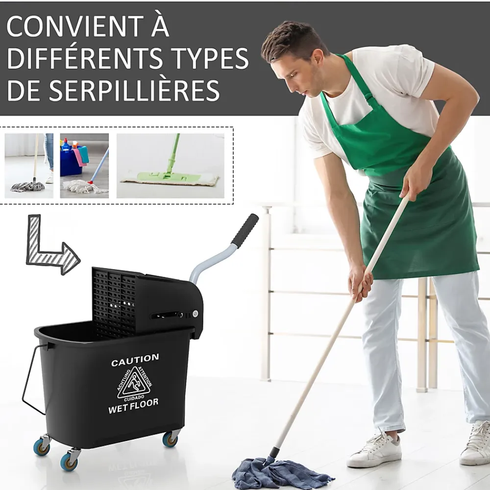 Homcom Chariot de nettoyage lavage seau de ménage 20 L avec essoreur et séparateur eau sale propre noir* Seau, Bassine, Récipient De Ménage