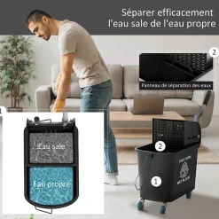 Homcom Chariot de nettoyage lavage seau de ménage 20 L avec essoreur et séparateur eau sale propre noir* Seau, Bassine, Récipient De Ménage