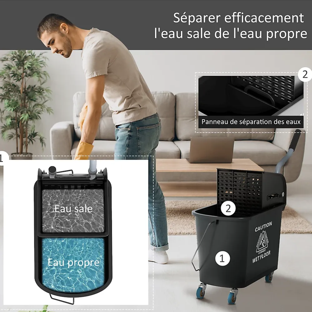 Homcom Chariot de nettoyage lavage seau de ménage 20 L avec essoreur et séparateur eau sale propre noir* Seau, Bassine, Récipient De Ménage