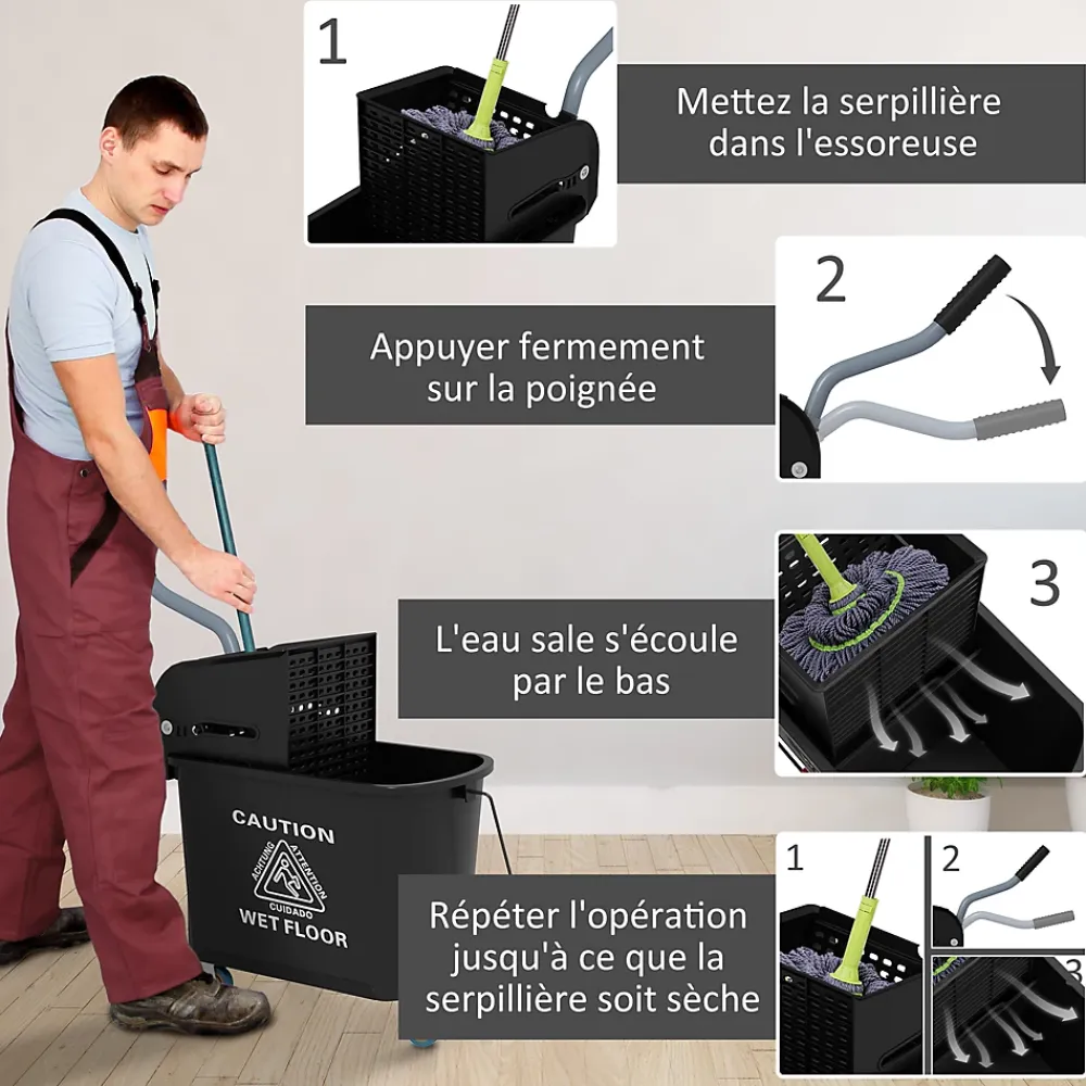 Homcom Chariot de nettoyage lavage seau de ménage 20 L avec essoreur et séparateur eau sale propre noir* Seau, Bassine, Récipient De Ménage