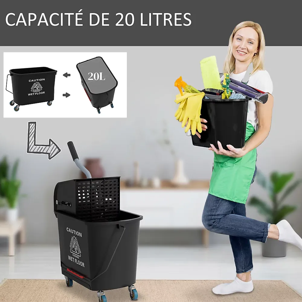 Homcom Chariot de nettoyage lavage seau de ménage 20 L avec essoreur et séparateur eau sale propre noir* Seau, Bassine, Récipient De Ménage