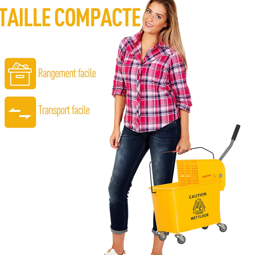 Chariot de nettoyage lavage seau de ménage 20 L avec essoreur et séparateur eau sale propre jaune>Homcom Discount
