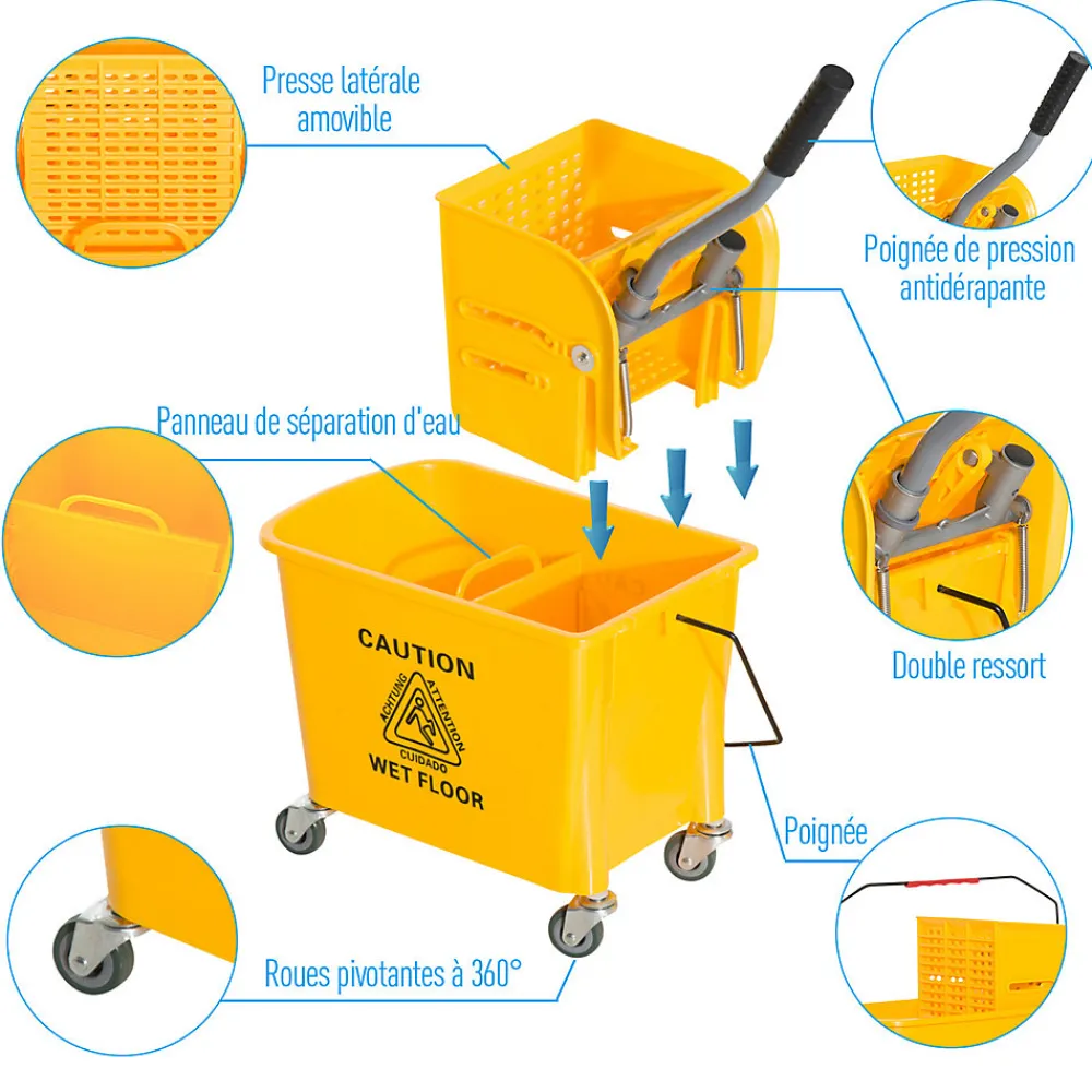 Chariot de nettoyage lavage seau de ménage 20 L avec essoreur et séparateur eau sale propre jaune>Homcom Discount