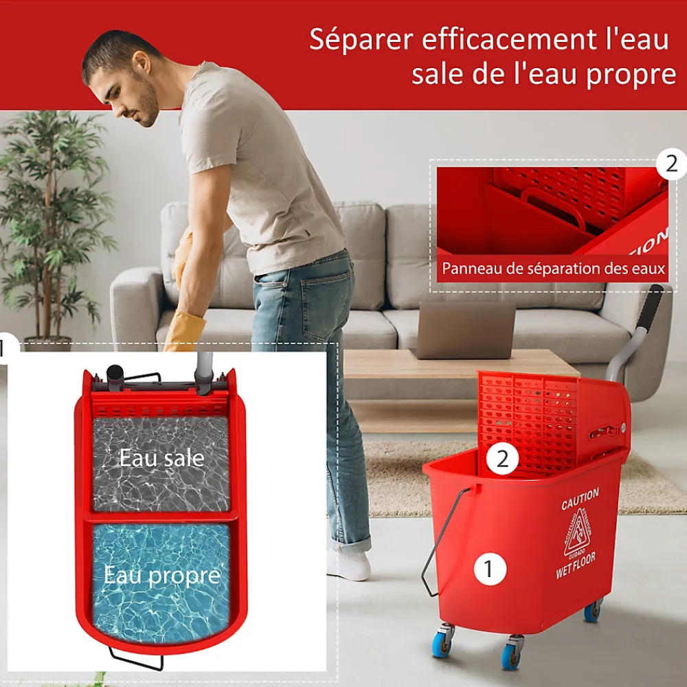 Chariot de nettoyage lavage seau de ménage 20 L avec essoreur et séparateur eau sale propre rouge>Homcom Best