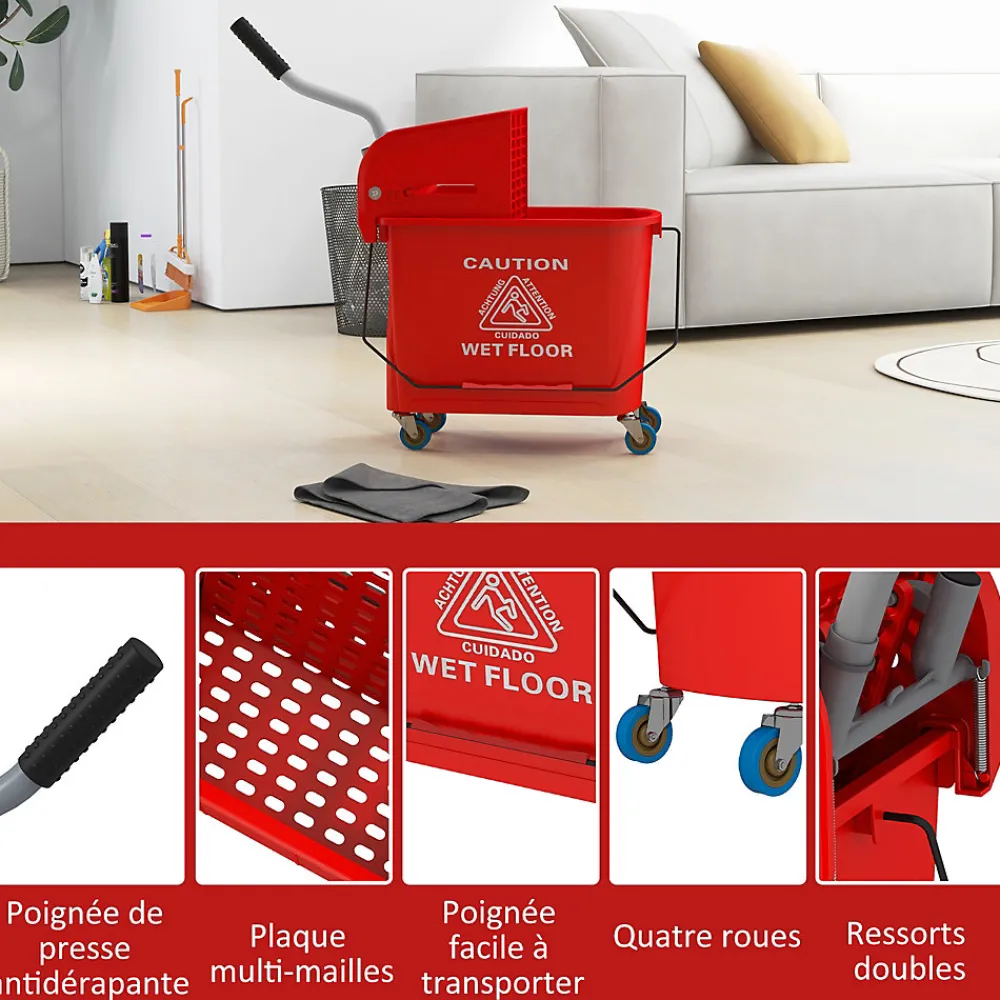 Chariot de nettoyage lavage seau de ménage 20 L avec essoreur et séparateur eau sale propre rouge>Homcom Best