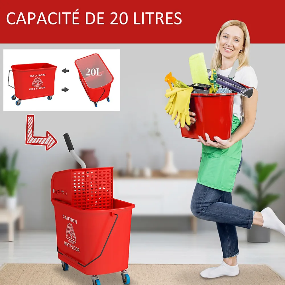 Chariot de nettoyage lavage seau de ménage 20 L avec essoreur et séparateur eau sale propre rouge>Homcom Best