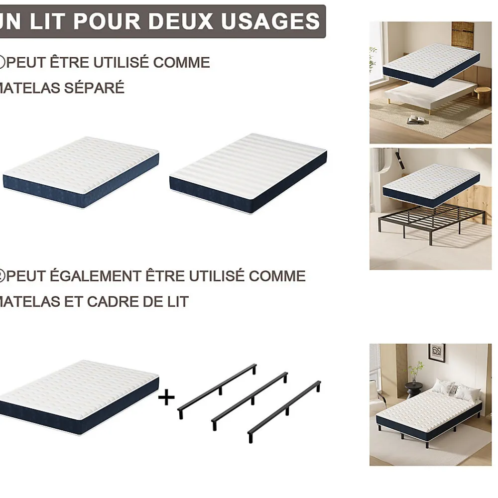 Combinaison lit matelas 120x190 cm, Matelas a mousse+ Cadre de Lit en Fer, Comprenant 9 pieds, Epaisseur du matelas 15 cm>Teeno Clearance