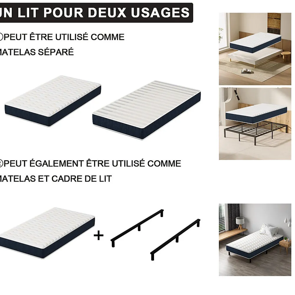 Combinaison lit matelas 90x190 cm, Matelas à Mémoire de Forme + Cadre de Lit en Fer, Comprenant 6 pieds, Epaisseur du matelas 15>Teeno Online