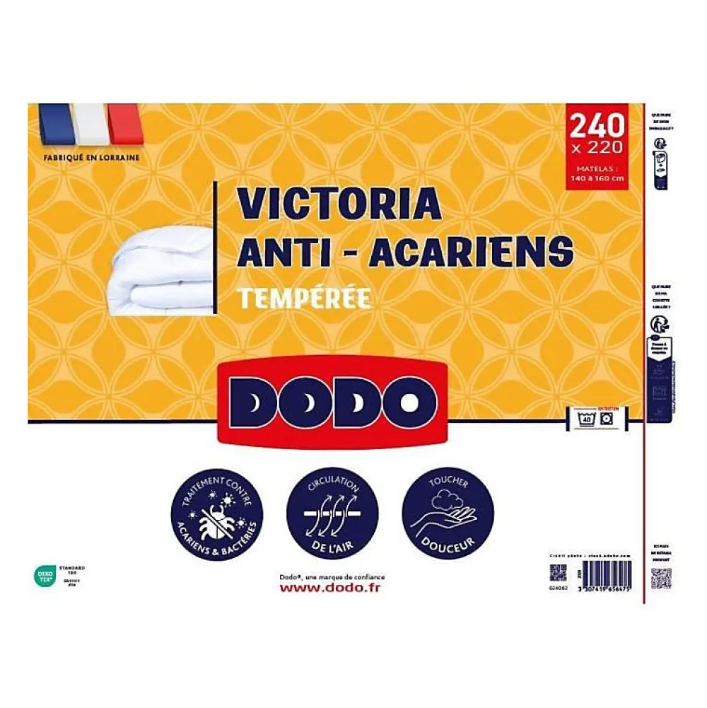 Couette Victoria 220x240 cm - - temperée - garnissage 100% Polyester - 2 personnes - blanc>Dodo New
