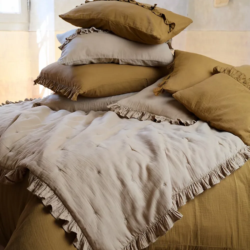 Linnea Couverture courtepointe en mousseline de coton 150x150 cm + 5 cm ELZA marron foin* Couverture