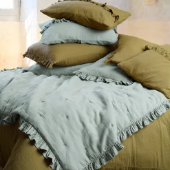 Couverture courtepointe en mousseline de coton 150x150 cm + 5 cm ELZA gris lichen>Linnea Clearance