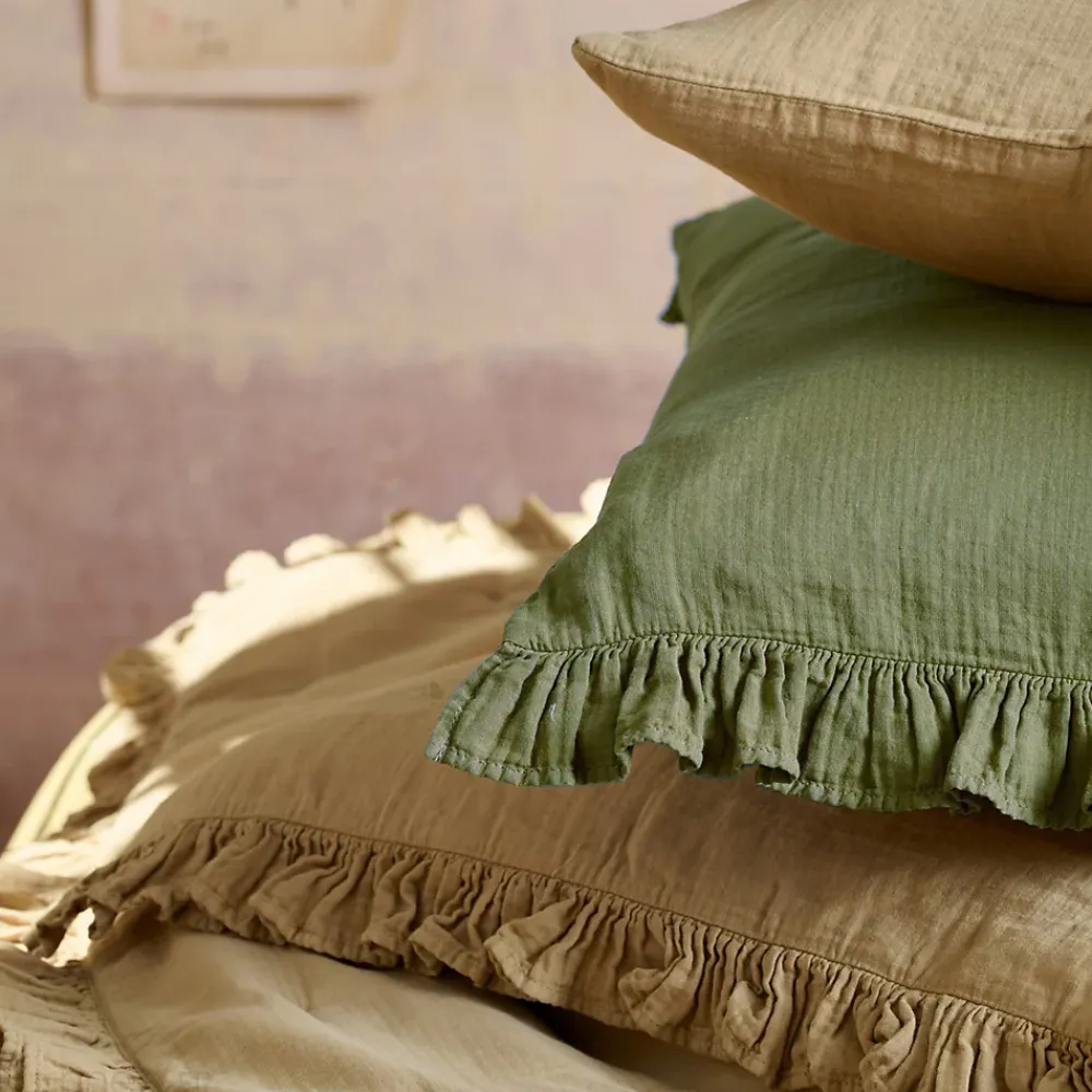 Linnea Couverture courtepointe en mousseline de coton 150x150 cm + 5 cm ELZA vert mousse* Couverture