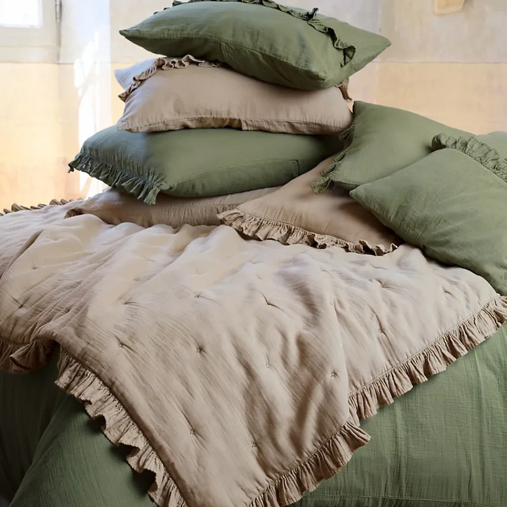 Linnea Couverture courtepointe en mousseline de coton 150x150 cm + 5 cm ELZA vert mousse* Couverture