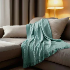 Couverture plaid 100% coton bleu turquoise avec franges 130x170cm BITALD ->Sacasa