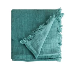Couverture plaid 100% coton bleu turquoise avec franges 130x170cm BITALD -><noscript><img width=