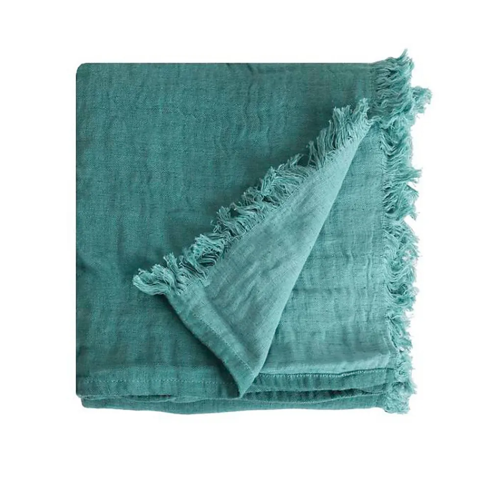 Couverture plaid 100% coton bleu turquoise avec franges 130x170cm BITALD ->Sacasa