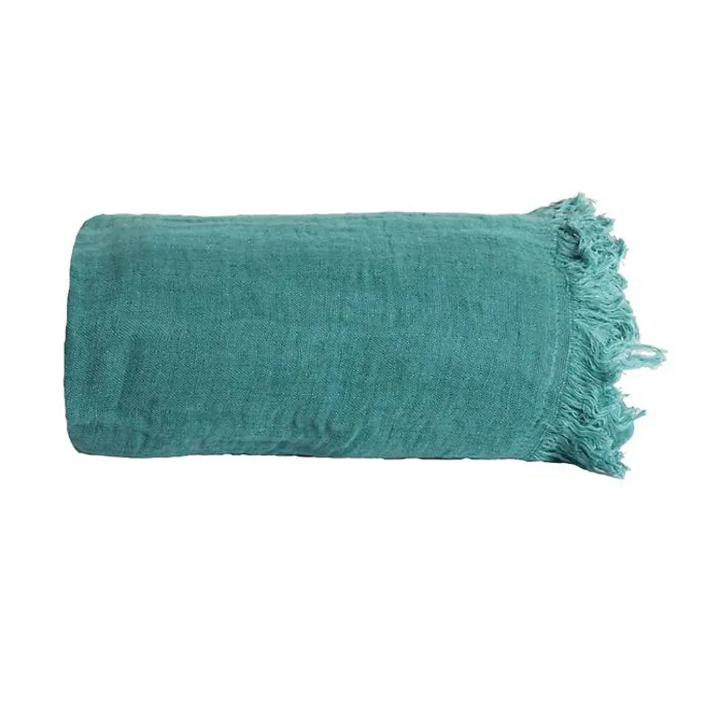 Couverture plaid 100% coton bleu turquoise avec franges 130x170cm BITALD ->Sacasa