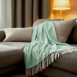 Sacasa Couverture plaid 100% coton bleu turquoise avec franges 180x220cm ZIGORA -* Boutis, Couvre-Lit, Édredon