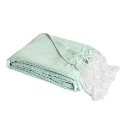 Sacasa Couverture plaid 100% coton bleu turquoise avec franges 180x220cm ZIGORA -* Boutis, Couvre-Lit, Édredon