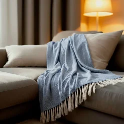 Sacasa Couverture plaid 100% coton bleu marine avec franges 180x220cm ZIGORA -* Boutis, Couvre-Lit, Édredon