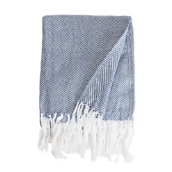 Sacasa Couverture plaid 100% coton bleu marine avec franges 180x220cm ZIGORA -* Boutis, Couvre-Lit, Édredon