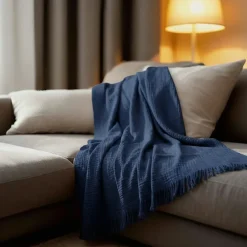 Sacasa Couverture plaid 100% coton bleu marine avec franges 130x170cm BITALD -* Boutis, Couvre-Lit, Édredon