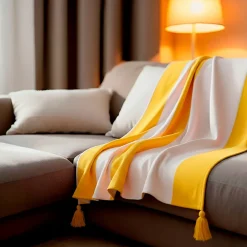 Sacasa Couverture plaid 100% coton jaune avec pompons 130x170cm SLAVANN -* Boutis, Couvre-Lit, Édredon