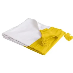 Sacasa Couverture plaid 100% coton jaune avec pompons 130x170cm SLAVANN -* Boutis, Couvre-Lit, Édredon