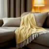Couverture plaid 100% coton jaune avec franges 180x220cm ZIGORA ->Sacasa Discount